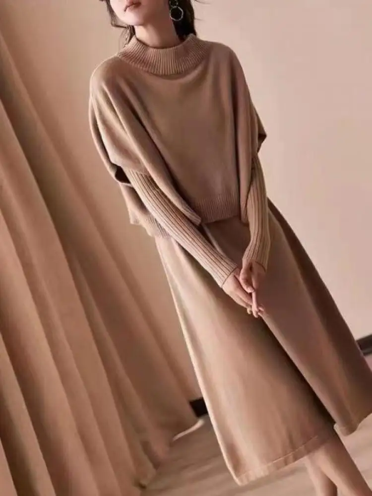 

Autumn Winter Women Korean Fashion Long Sleeve Knitted Dress And Sleeveless Round Neck Short Vest Tops Two Piece Sets 2024 Trend
