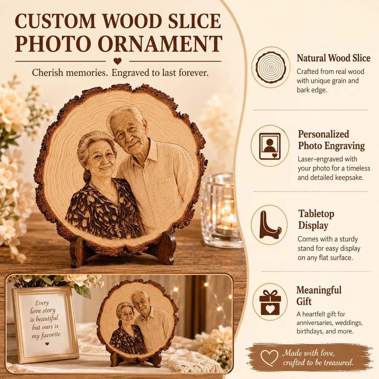 Vintage Holz-Fotoornament Personalisierte Individuelle Bilddekoration für Gruppen- & Einzelfotos Gedenkgeschenke für Feiertage – Detail 2