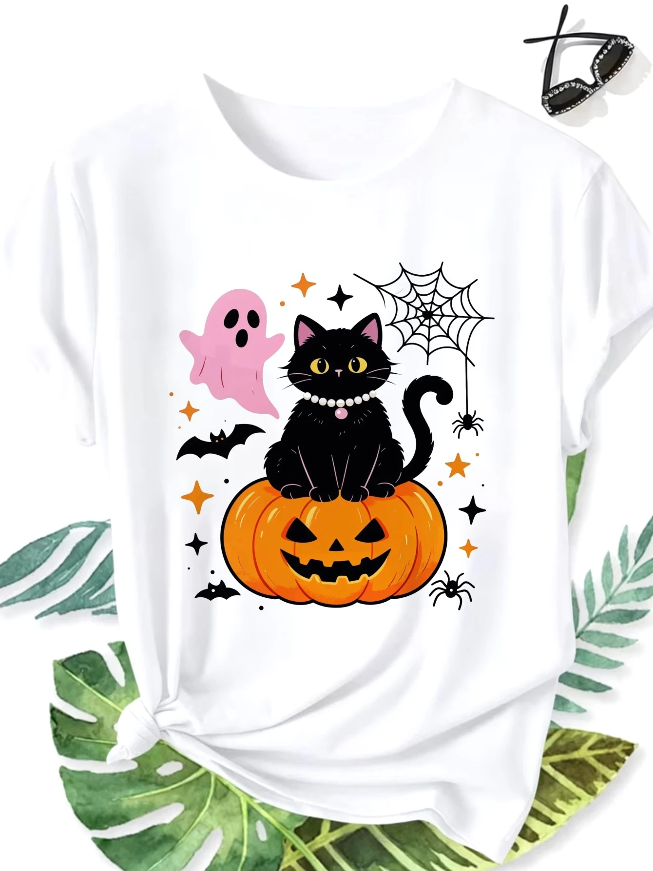 Women's Round Neck Short Sleeve Oversized T-Shirt Halloween Black Cat on Pumpkin with Ghost and Spider Web Pattern Print Clothes