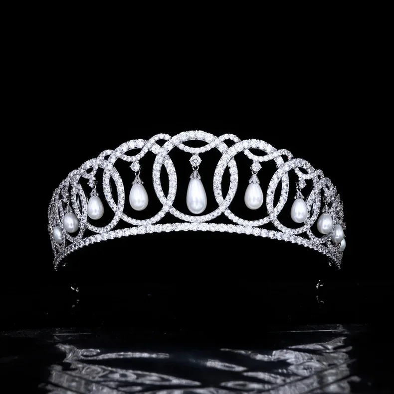 Retro Queen Pearl Crown Silver Diana Princess Tiara CZ Crystal Diadem for Bridal Hair Accessories