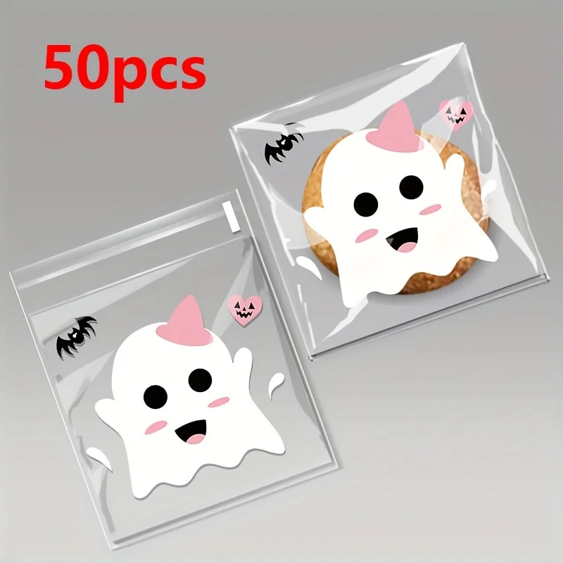 50 Stück Halloween-Kürbis-Geister-Fledermaus-Muster Selbstklebende Plastiktüten für DIY Hausgemachte Kekse Party Schmuck Feiertagsgeschenke – Detail 4