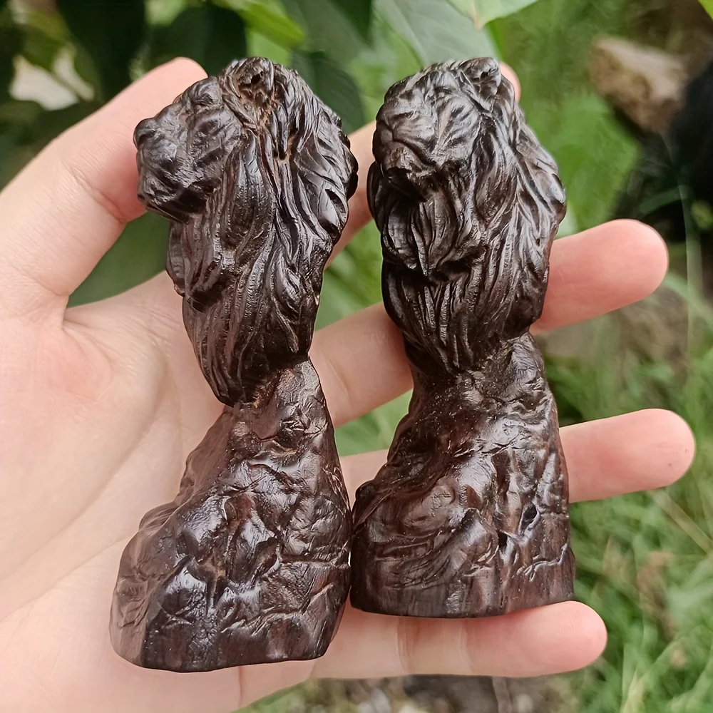 1Pc 3.7 Inch Hand-Carved Wooden Lion Head Craft Ornament Suitable for Office Desk, Living Room, Entryway, Solid Wood Handicraft, Creative Craft Item, Decorative Art Piece
