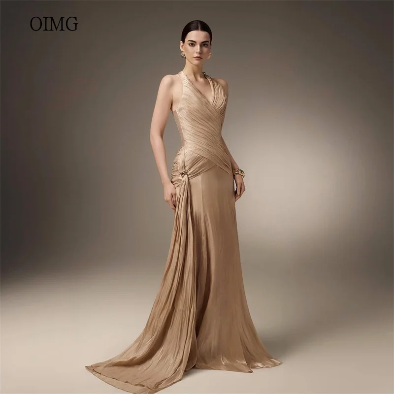 

OIMG Shiny Halter Mermaid Prom Gowns Maxi Backless Pleated Party Gown Side Tail Floor Length Evening Dress 2026 Customized