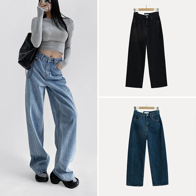 Lente 2025, damesjeans met wijde pijpen, vloerlengte, Amerikaans retro splitontwerp, casual, faionable bootcut denimbroek