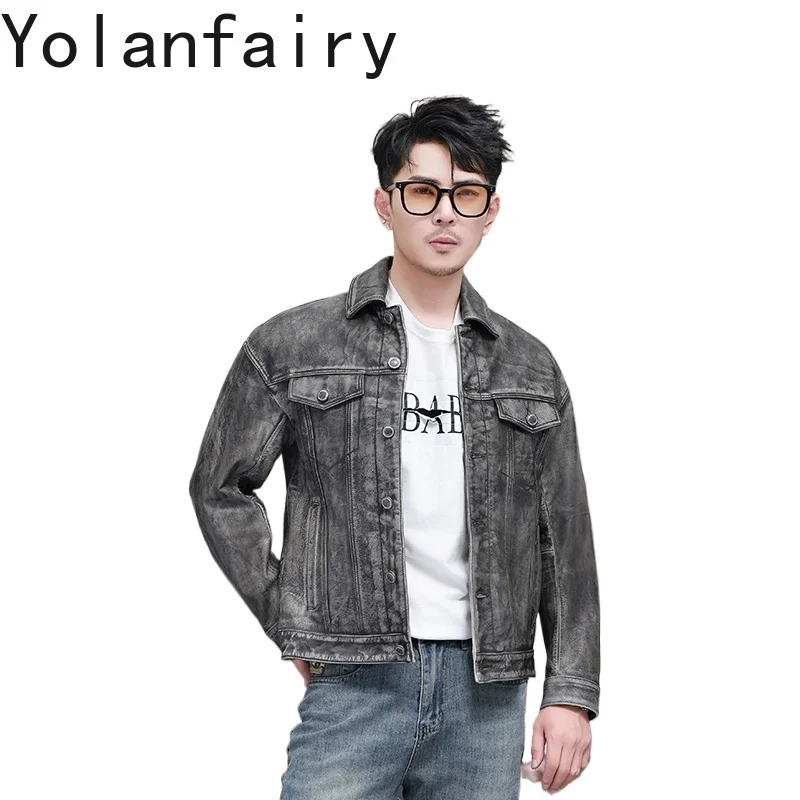 

YOLANFAIRY Top Layer Cowhide Mens Leather Jacket Vintage Clothing 100% Genuine Cow Leather Jackets Man Short Denim Leather Coat