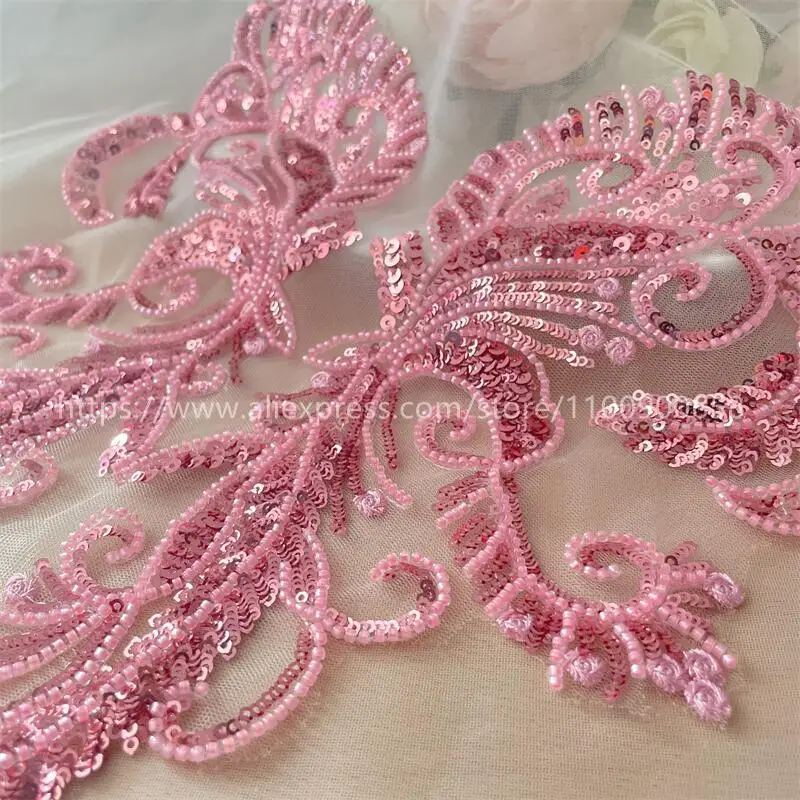 Large Front and Back Beaded Lace Applique, Pink, Shiny Opening, Tull Embroidery, DIY Wedding Dress, Children\'s Clothing, Sewing