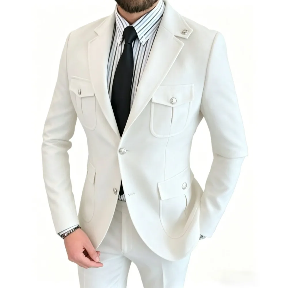 Single Breasted Safari Men Suits Business Suits for Men Multi Pocket Blazer Pants Set Formal Casual Men Outfit for Wedding Party view 3
