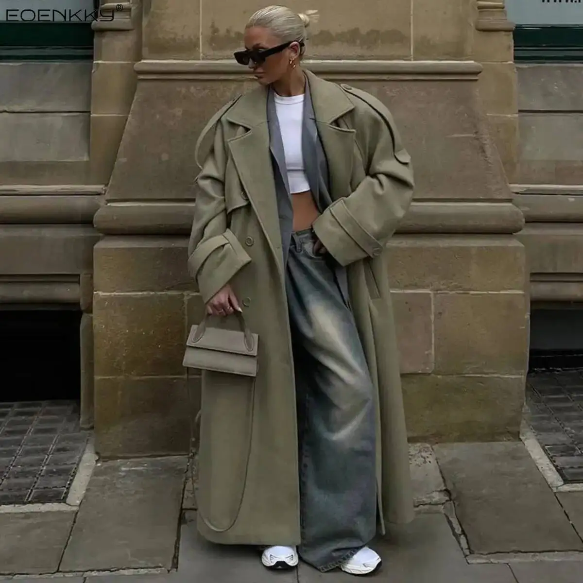 

Urban Solid Double Breasted Long Women Coat Loose Full Sleeve Belt Double Breasted Female Jacket 2025 Autumn Winter Lady Top