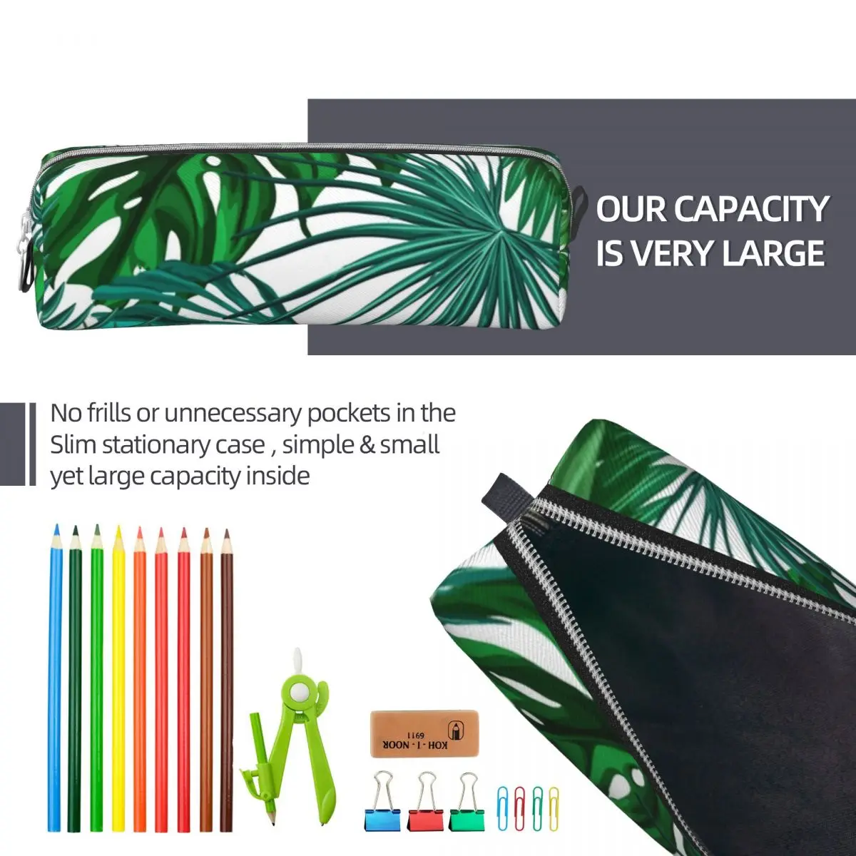 Estuche de lápices de hojas Monstera Palms, bolsas de bolígrafos de plantas verdes tropicales de la selva, suministros de gran capacidad para niñas y niños, estuches con cremallera