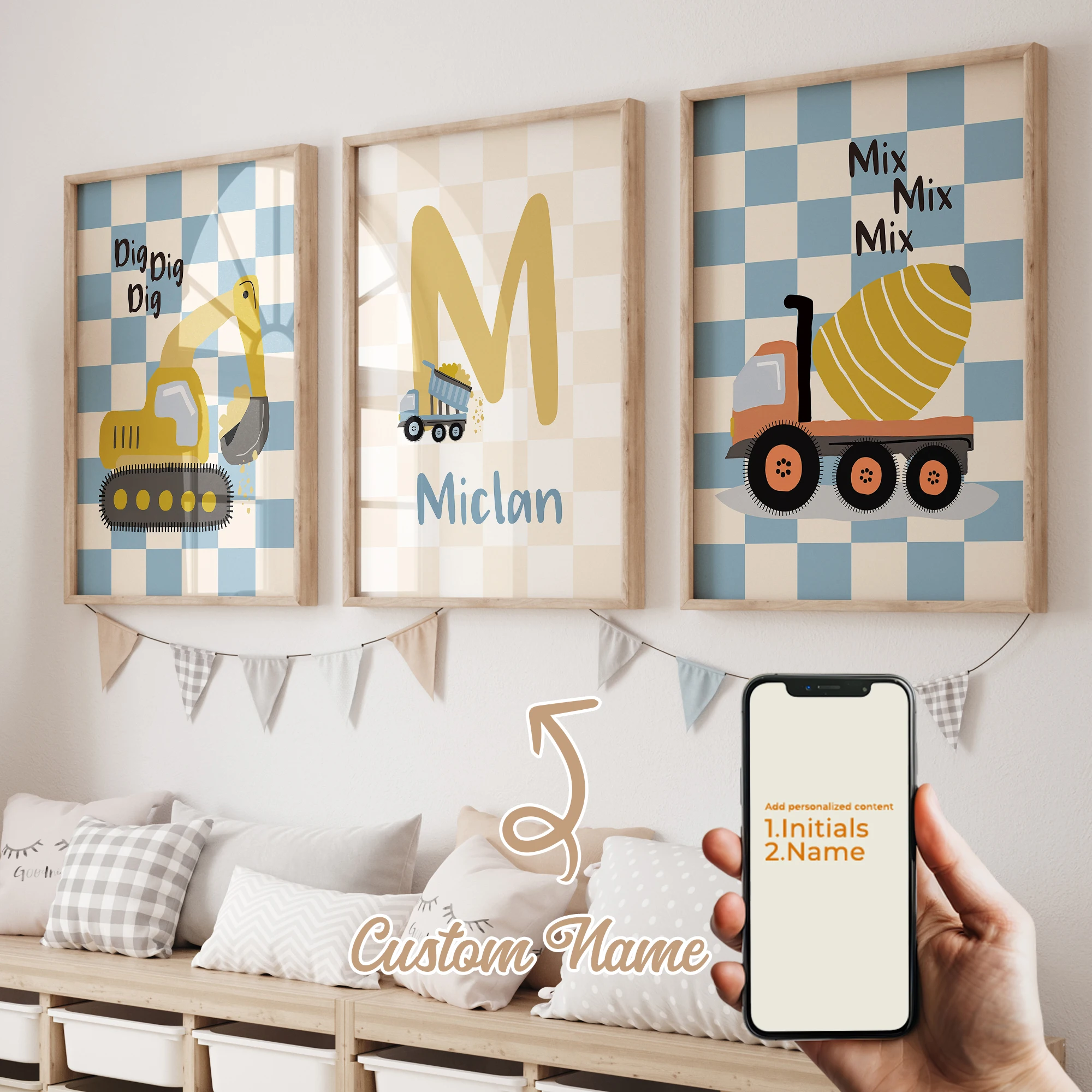 3pcs Personalized Custom Name Cartoon Child Car Wall Art Print Picture Canvas Poster Painting For Living Room Home Decor image 3