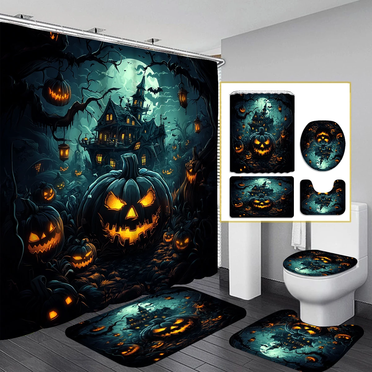 1/4PC Halloween  fear forest pumpkin shower curtain set,waterproof shower curtain and waterproof non-slip carpet,12free hooks