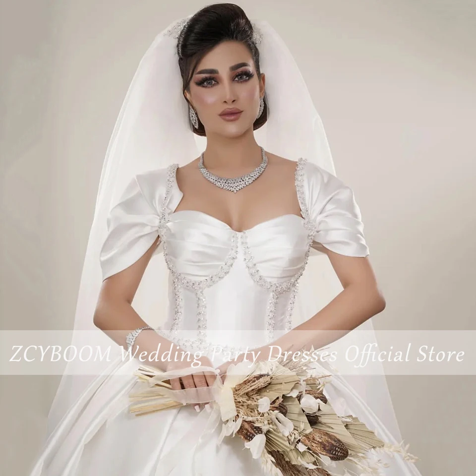 Vestido de novia de manga corta con escote en forma de corazón y lentejuelas blancas personalizado, vestido de baile hasta el suelo, cola de barrido, vestido de novia hecho a medida 2024