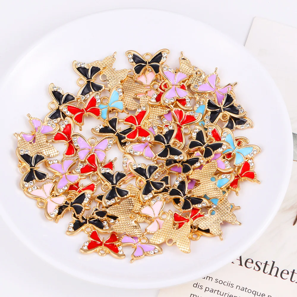 다채로운 나비 에나멜 매력 금속 합금 매력 펜던트 팔찌, 다이아몬드 보석 액세서리, 보석 만들기 찾기, 10 개