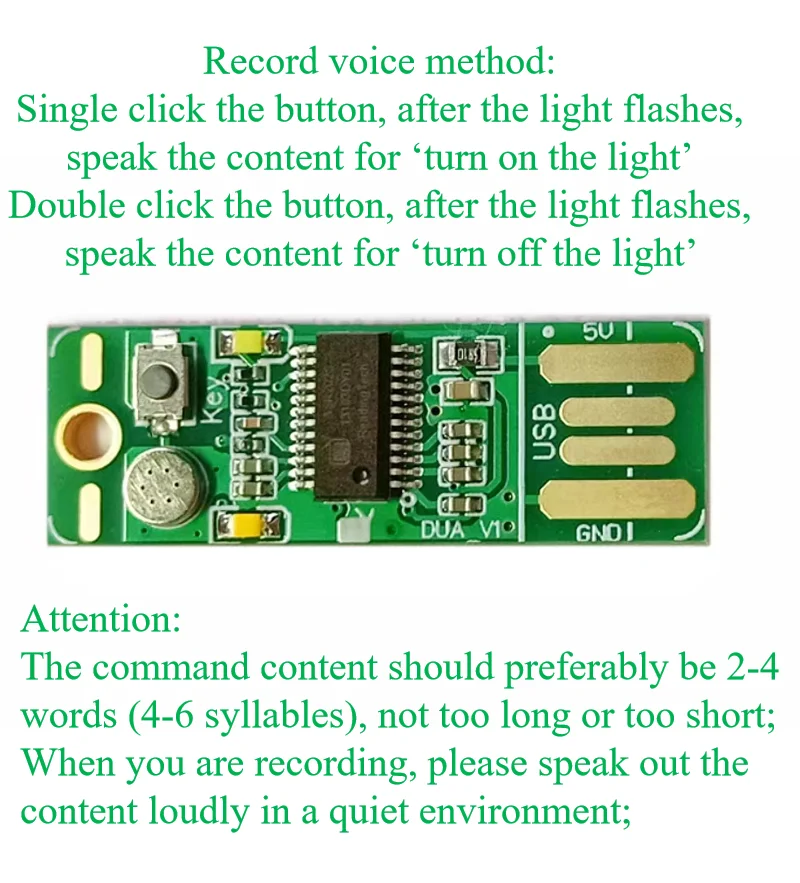 Control de reconocimiento de voz Luz nocturna USB Módulo de reconocimiento DUA V1.1 (Soporte para grabar cualquier comando Admite cualquier idioma)