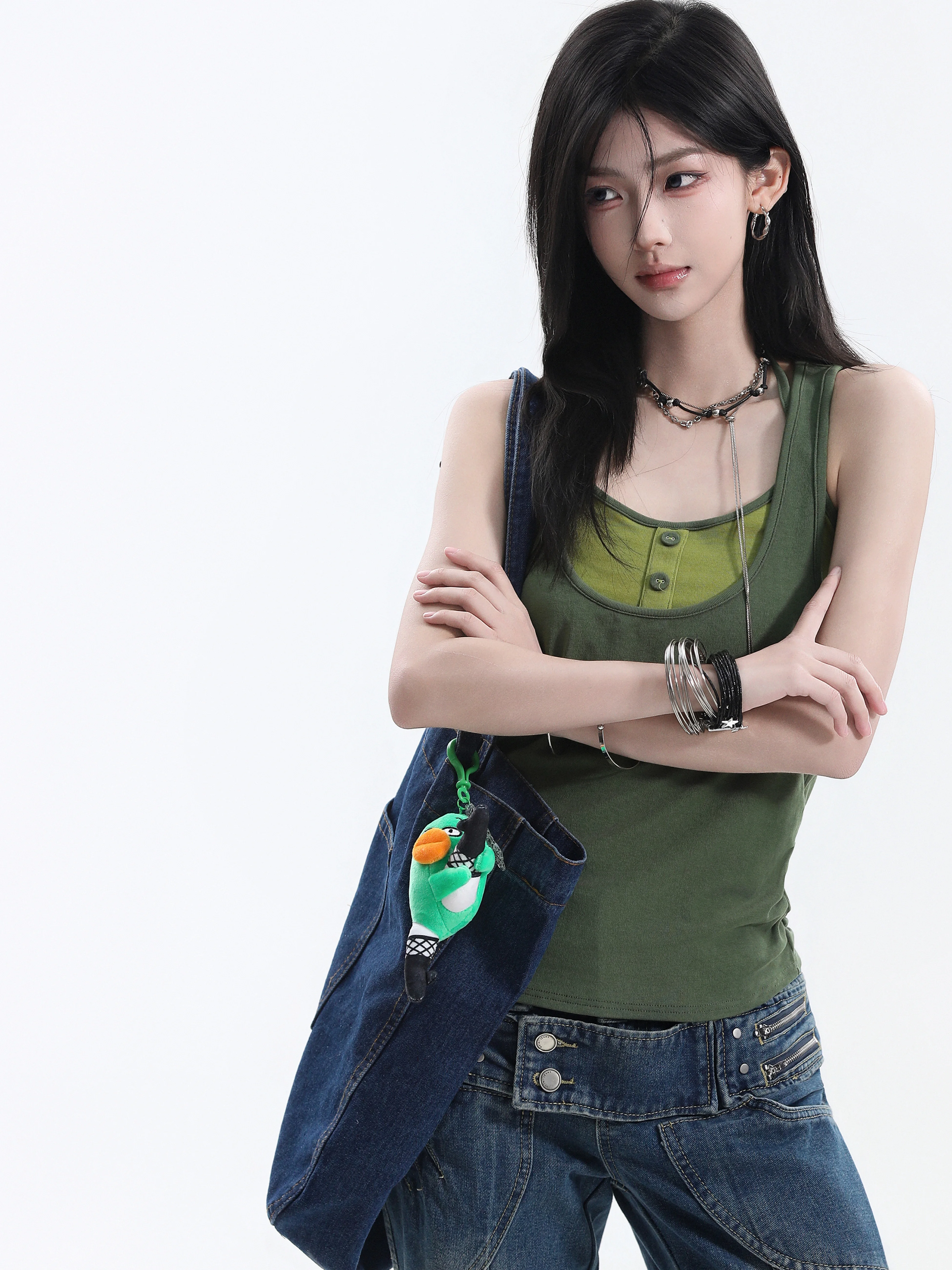 American Style Two-Piece Set Neck Hanging Strap Vest Women Summer Spicy Sleeveless Work Small Versatile Top U-Neck Rylee Fiber