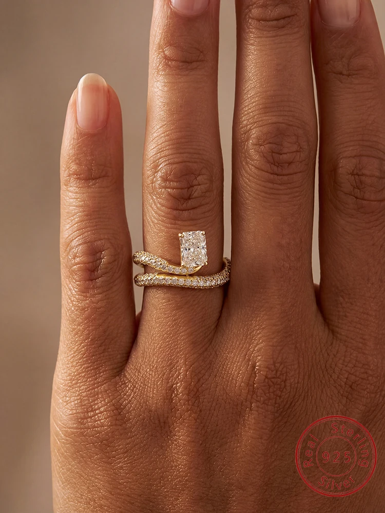 925 Sterling Silber gebogener rechteckiger Zirkon-Ring für Frauen, Jahrestag, Hochzeit, Alltag, luxuriöser, hochwertiger, edler Schmuck
