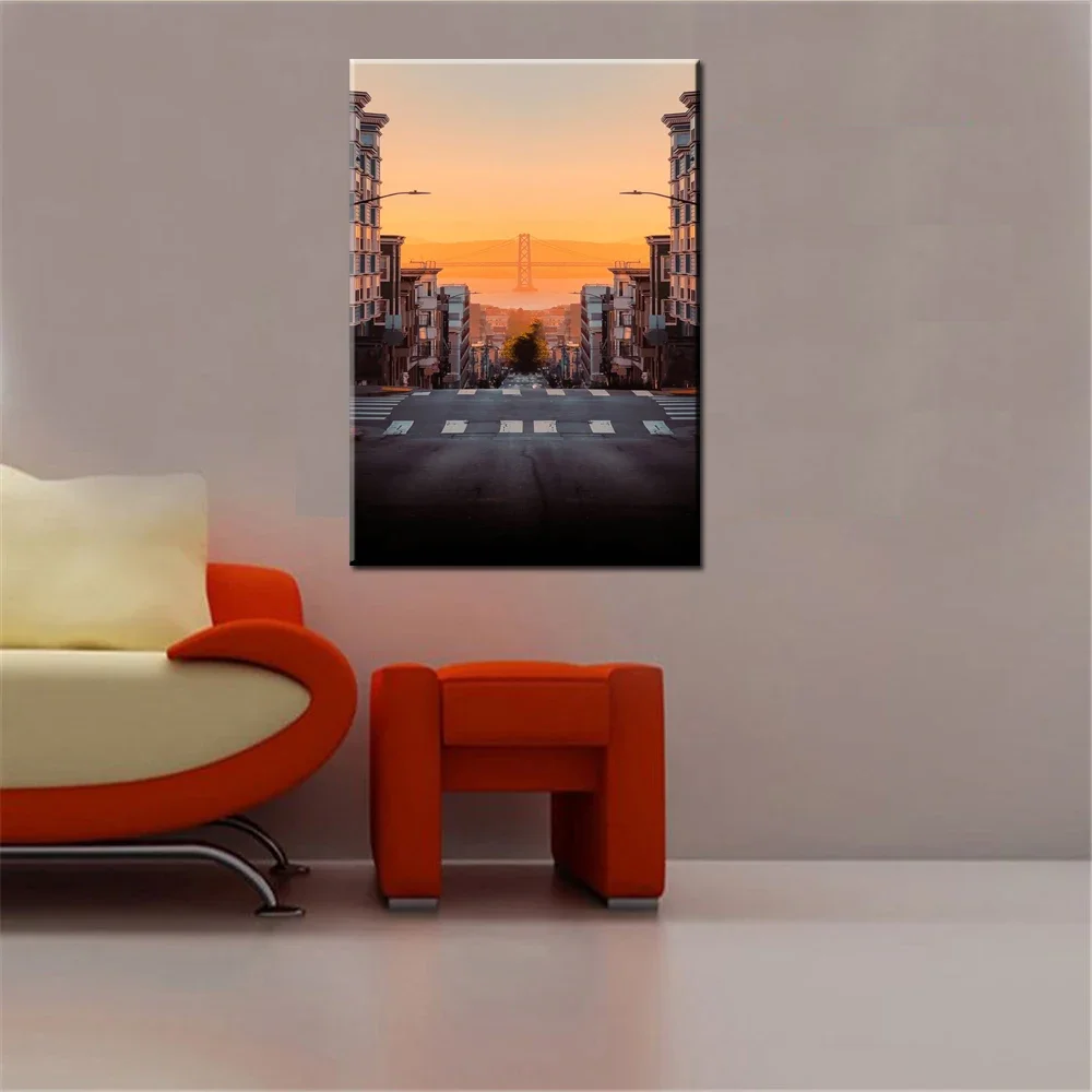 1pc frameless canvas painting Canvas Poster Painting Wallpaper Urban Scenery City Sunset Bridge Picture Printing Home Decor For
