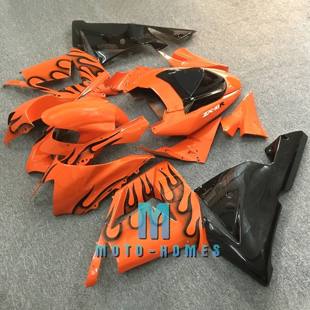 Injection Molded Fairing Kit for Kawasaki Ninja ZX10R 04 05 ZX-10R 2004 2005 Orange Bodywork Black Flames Fairings Set 100% Fit