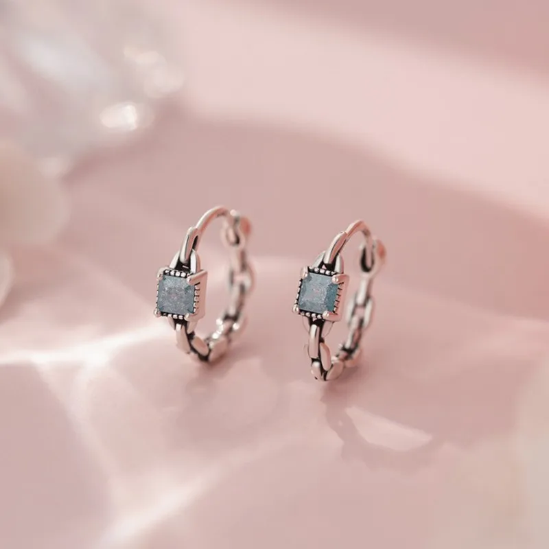 

PANJBJ 100% 925 Sterling Silver Blue Zircon Hoop Earring for Women Chain Hollow Out Hip Hop Fashion Simple Jewelry Gift Dropship