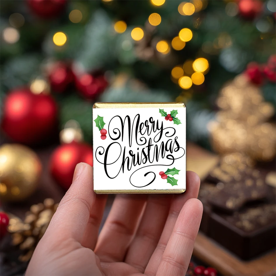 Personalisierte „Merry Christmas“ Schokoladenbonbonsaufkleber mit individuellem Text Holly, perfekt für fröhliche Weihnachtsfeiergeschenke