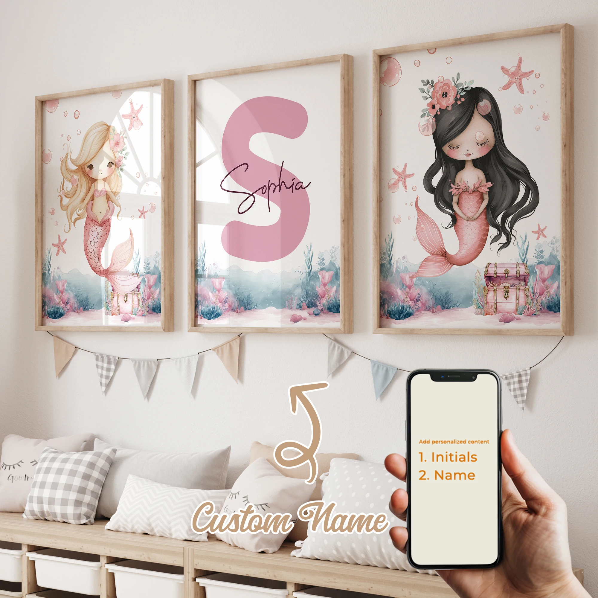 3pcs Personalized Custom Name Toon Mermaid Wall Art Print Picture Canvas Poster Painting For Living Room Home Decor image 3