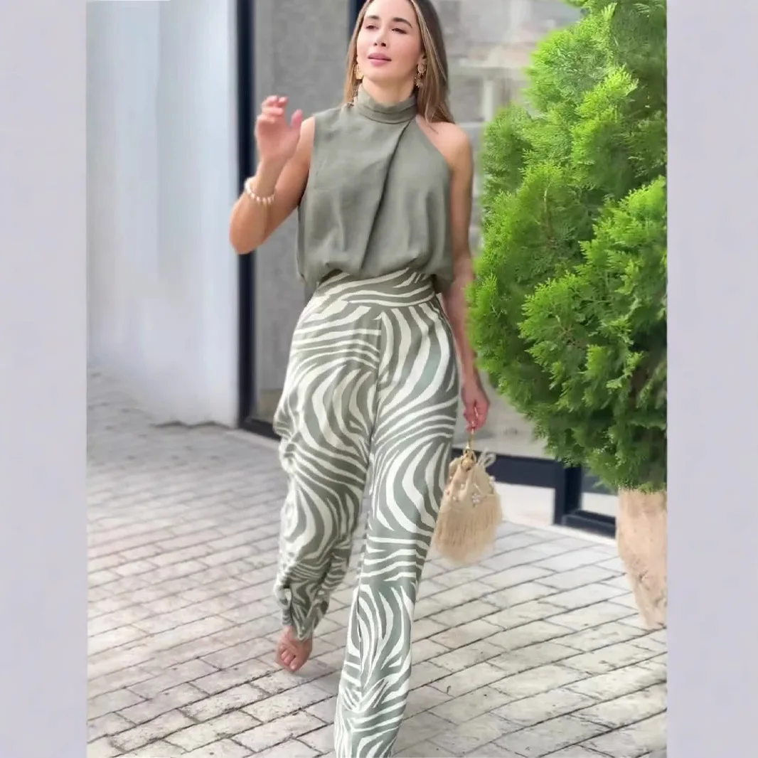 Summer Sleeveless Hanging Neck Top Wide Leg Pants Fashionable Two-piece Set Women's Casual Solid Color Top Printed Pants Set
