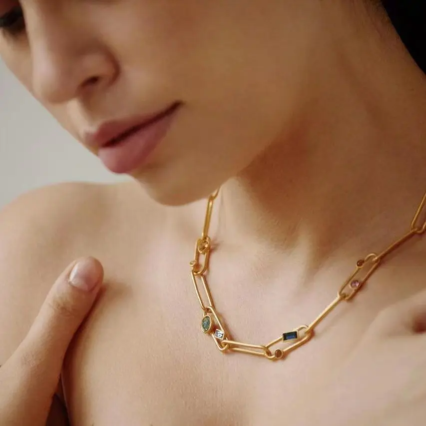 Brass AAA Zircon Natural Colorful Beads Linked Chain Necklace Women Jewelry Vintage Punk Designer Runway Gown Boho Japan Korean