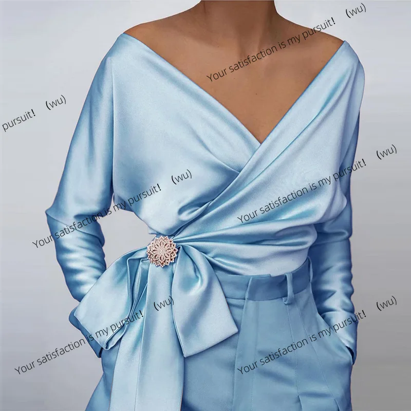 

ZOCI-FD768 Women's Solid Color Sexy V-Neck Slim Lace-Up High Elastic Satin Top