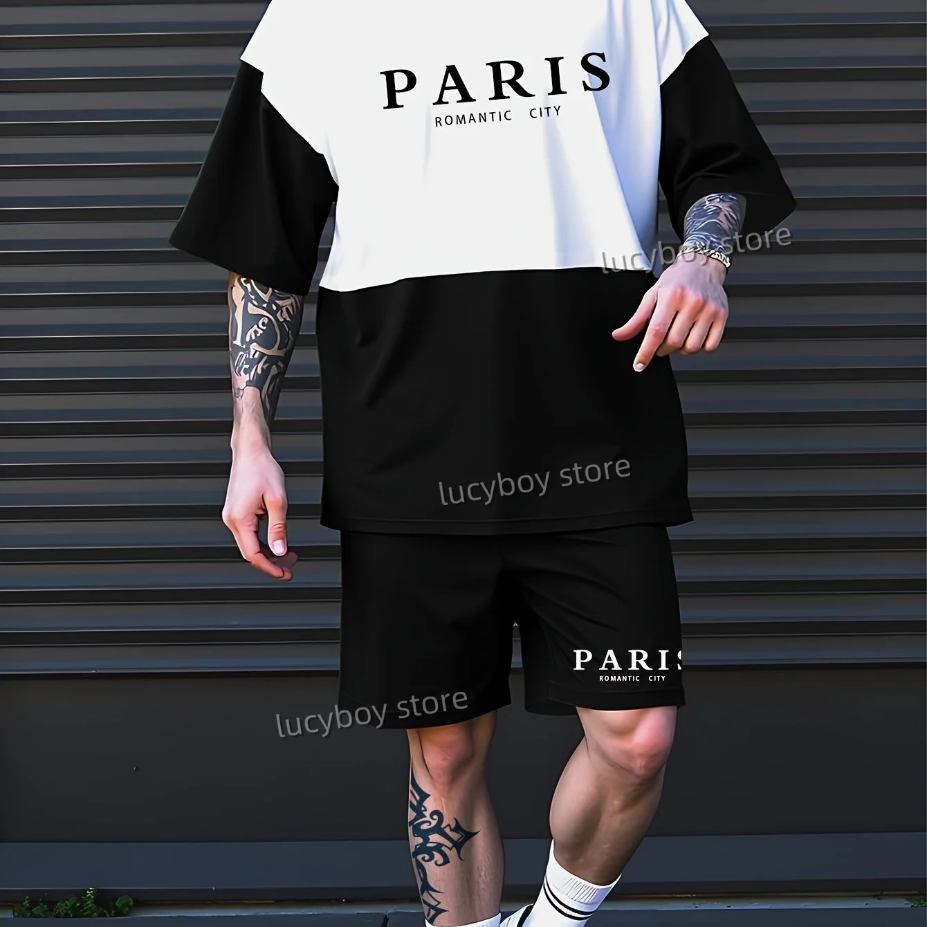 ROMANTIC CITY PARIS Printed Sport T-shirt+shorts Suit Set Men Male Luxury Tracksuit Outfit Summer Oversized 2 Piece Set Clothes