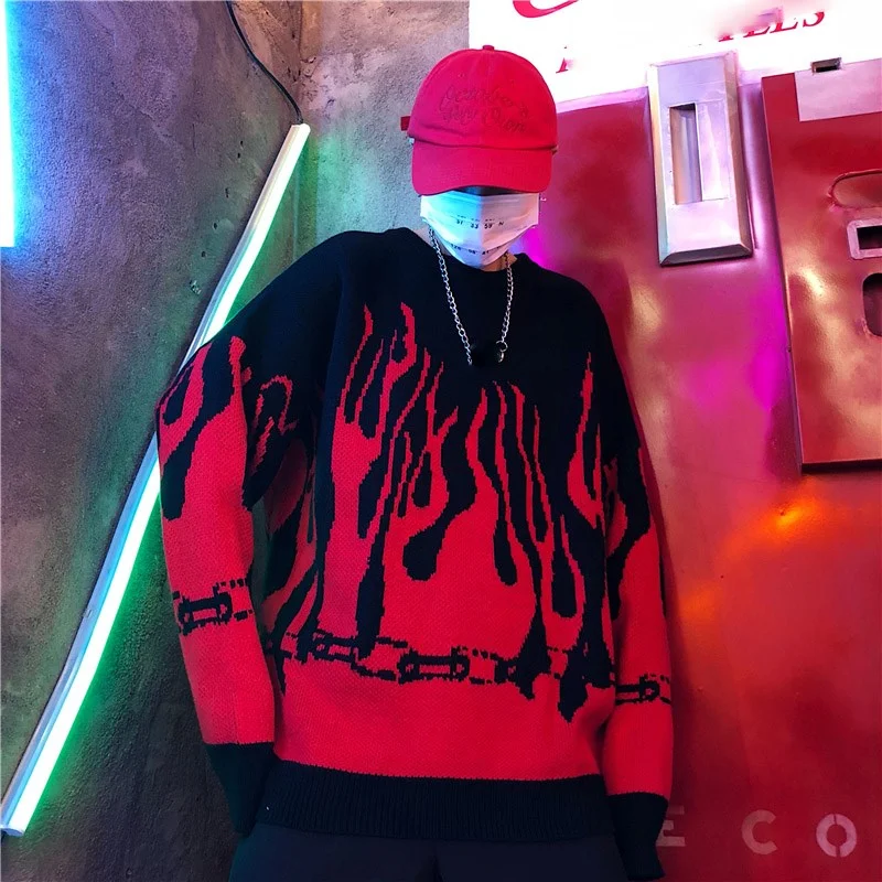 Harajuku O-Neck Loose Y2k Vintage Pull Pullovers Knitted Men Clothes Casual Couple Red Flame Knitted Sweater Men Hip Hop Jumpers