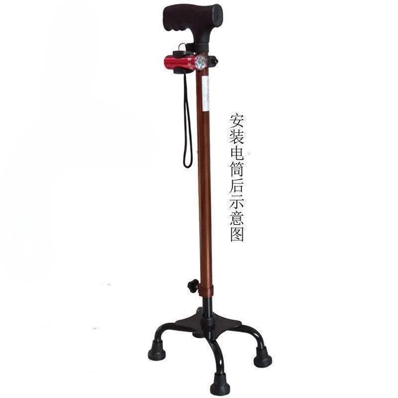 A walking aid with a single handed pole stick that can lift and lower the small four corner bracket