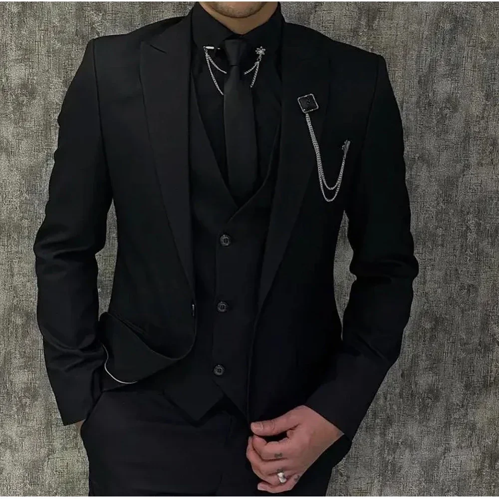 Conjunto de blazer formal de lapela masculino, ternos negros, festa de casamento de baile, traje personalizado de 3 peças, 1 botões