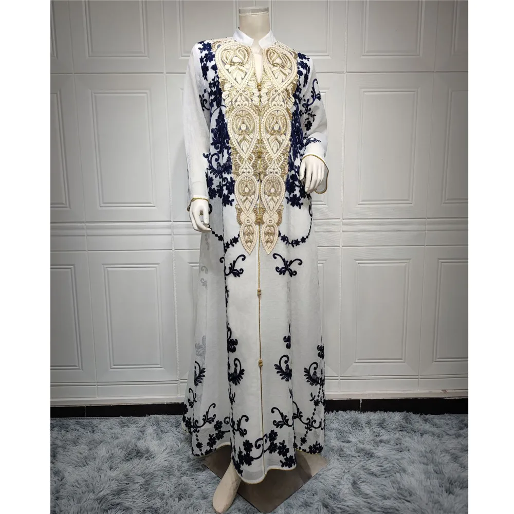

Eid Jalabiya Moroccan Party Mesh Embroidery Abaya for Muslim Women Maxi Dresses Kaftan Turkey Arab Dubai Evening Ramadan Caftan