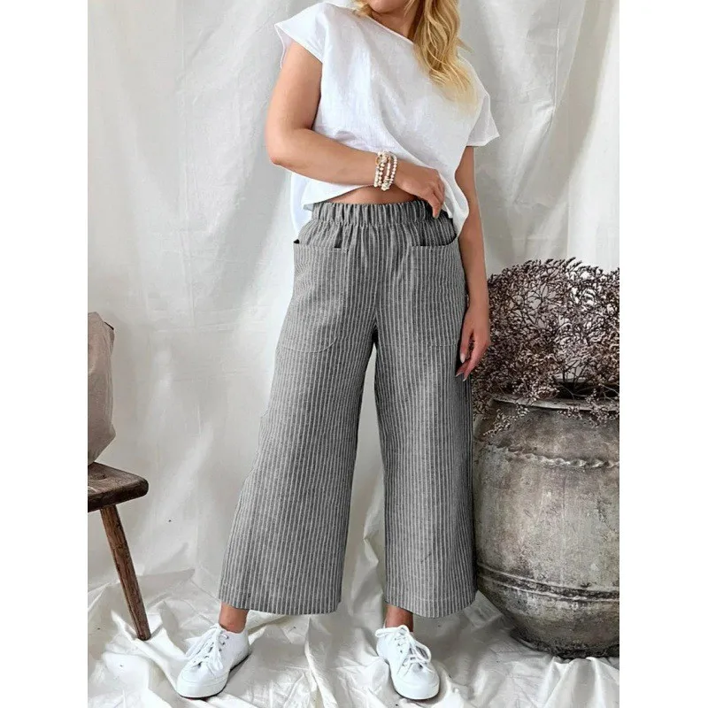 Casual Striped High Waist Straight Leg Pants for Women Long Leisure Trousers Ladies Faion Summer Print Other Material