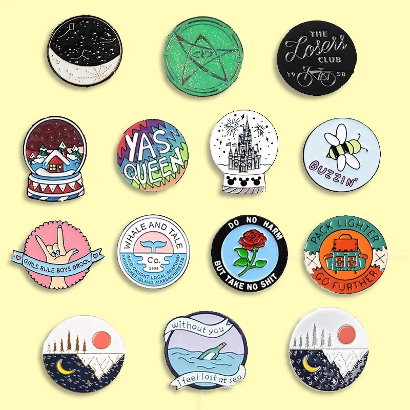 14 styles Round Badge Enamel Pin Ocean Nature Star Castle Brooches Backpack Clothes Fashion Jewelry Gift for Friends Kids