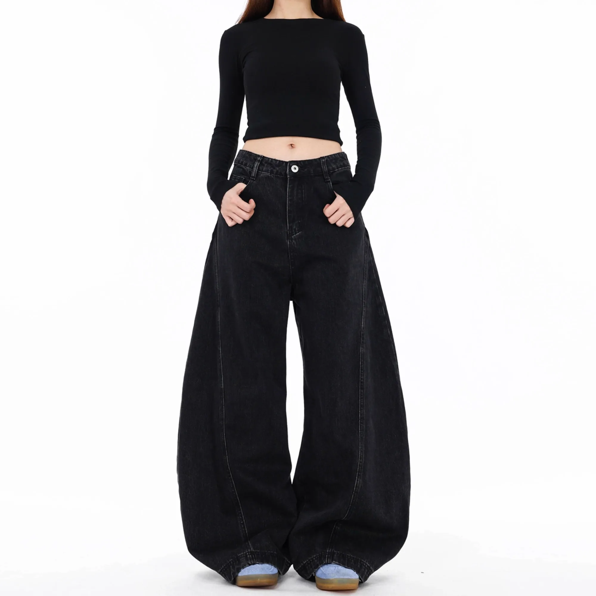 

American Retro Jeans for Women Casual Floor Length Baggy Wide-leg Trousers Harajuku High Waist Denim Pants