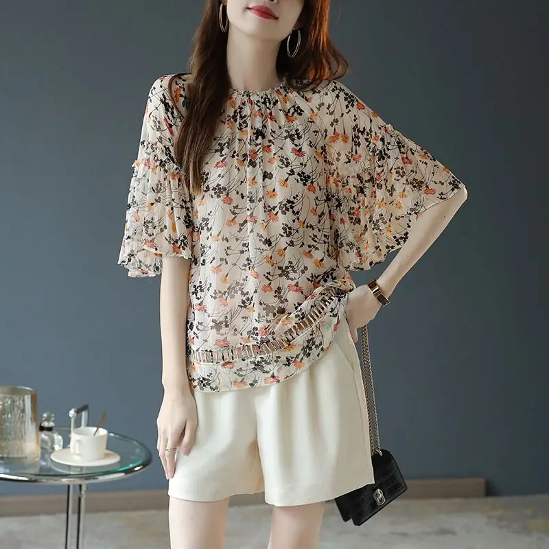 Elegant V-Neck Printed Floral Batwing Sleeve Chiffon Blouse Women\'s Clothing 2024 Summer New Casual Tops Commute Shirt