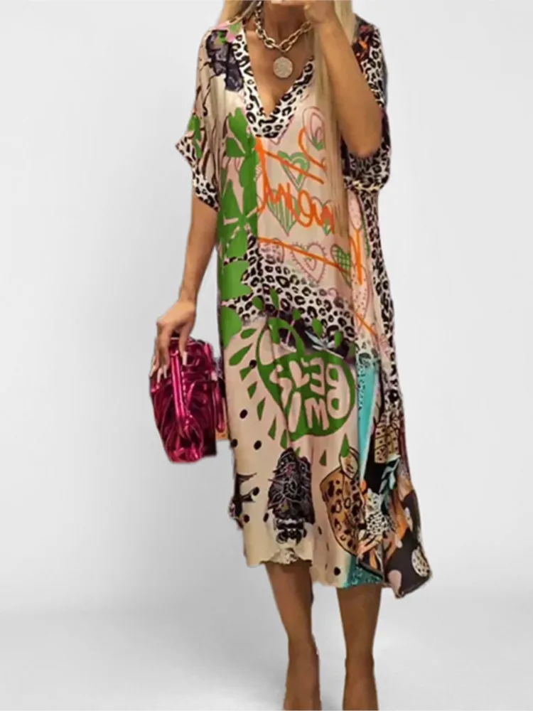 Fashion Boho Print Dress Lady Casual V Neck Short Sleeve Pullover Loose Dresses For Women Summer Holiday Vintage Womens Clothing