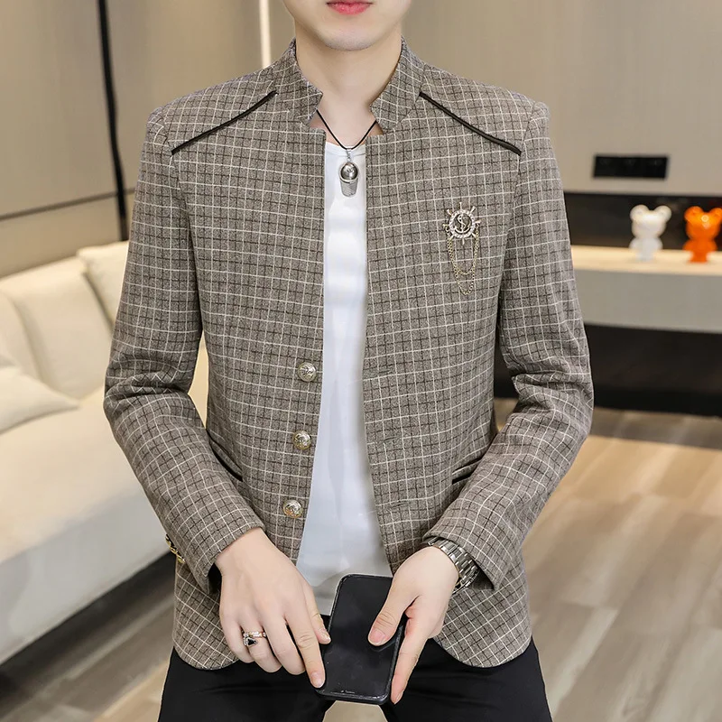 KIDWHXR Suit Coat Men British Style Plaid Stand Collar Man Blazer Slim Single-breasted Long Sleeve Male Casual Outerwear
