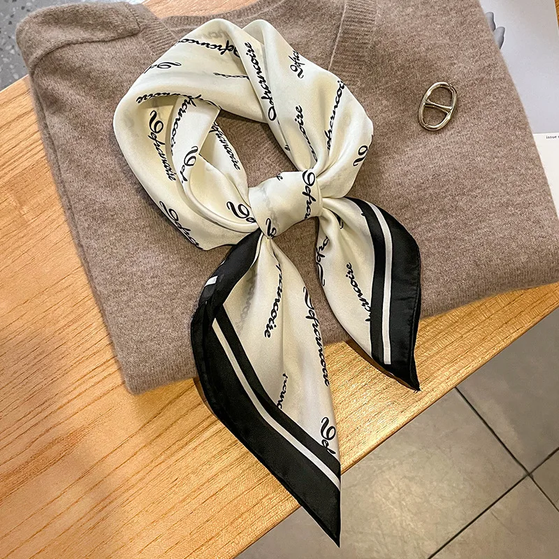 

2022 Popular Print Silk Feeling Square Scarf 70cm Spring Neckerchief Shawl Wrap Hijab Female Hair Hand Wrist Foulard Bandana