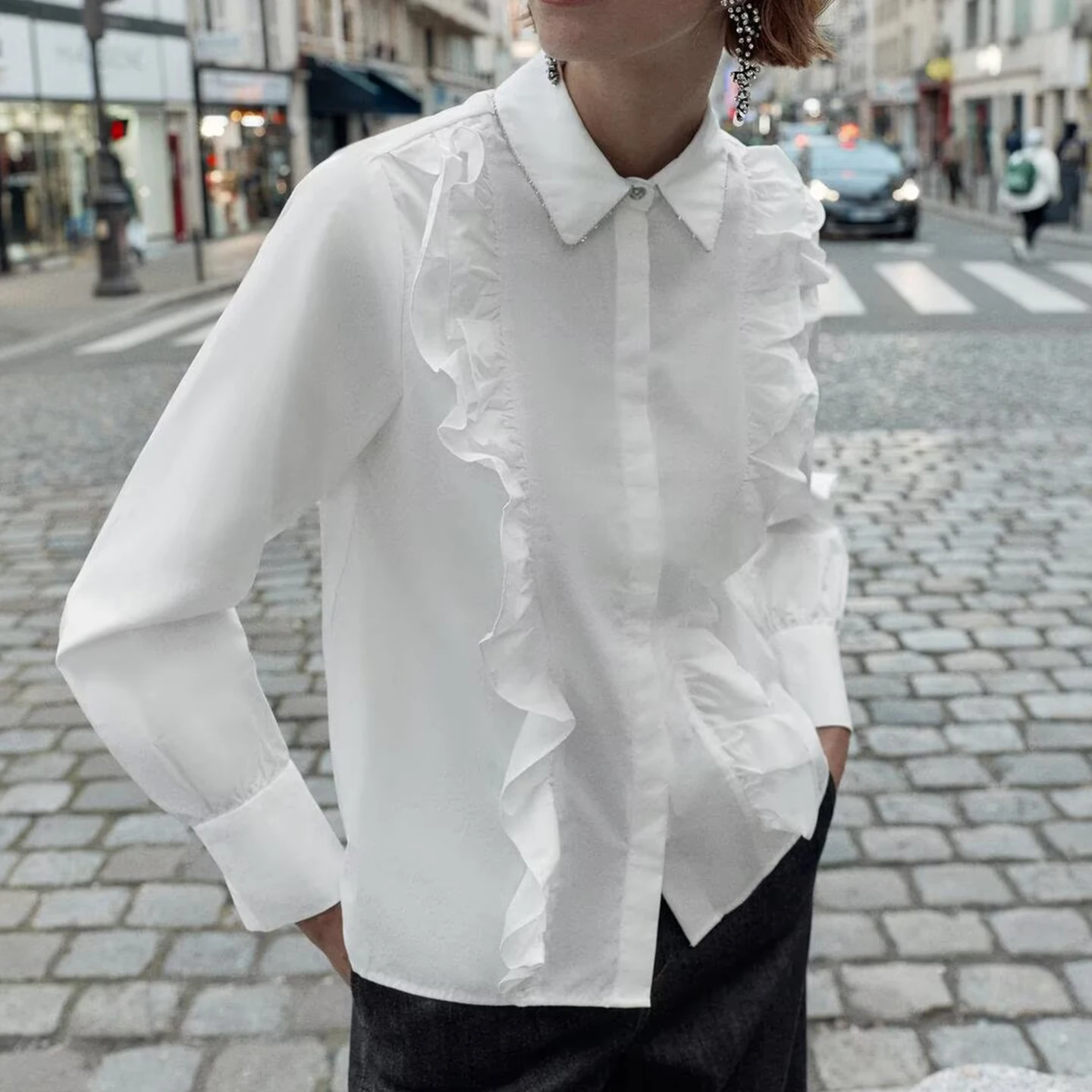 Trendy Beaded Collar irt Women's Faion Sle 2025 Autumn New Arrival Youth Long Sve Regular Fit Daily Wear Z