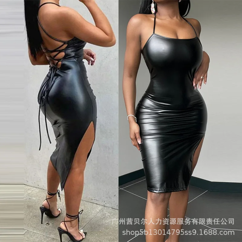 

Wepbel Black Sexy PU Bodycon Dress Women Sleeveless Backless Lace Up Suspenders Tight Leather Dress Bandage Split Midi Dress