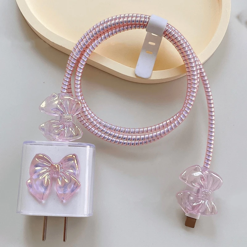 

3D-защитный чехол для зарядного кабеля с розовым бантом для iPhone/iPad, 18W/20W, для оригинального зарядного устройства, новый, спиральный органайзер для кабеля передачи данных, защитный