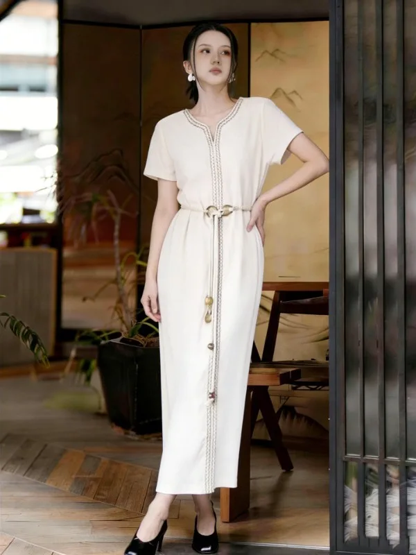 

Elegant plus Size Summer Dress Short Sleeve Waist Cinched Long Dress Casual Mommy Style for Women over 300 Pounds