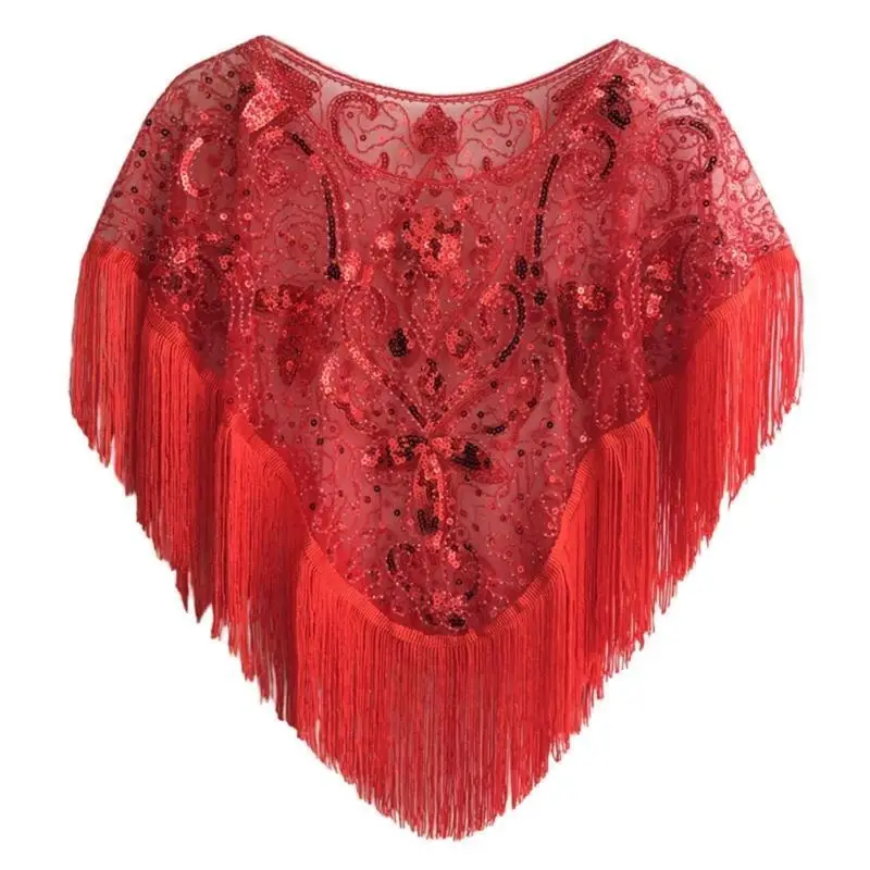 39BD Elegant Vintage Evening Shawl Long Tassels Women's Top with Fringe And Sequins for Formal Event And Cocktail Parties
