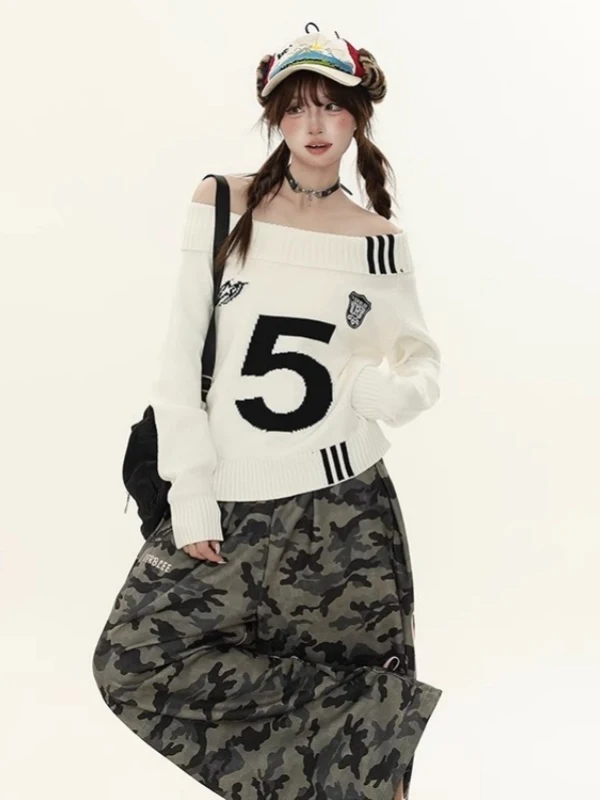 Sweter damski z dzianiny w stylu retro, z amerykańskim napisem, w paski, luźny krój, wyszczuplający, modny na jesień.