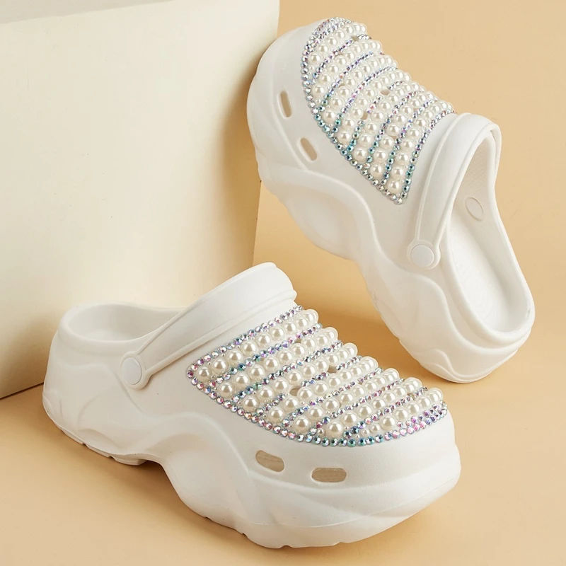 New Thick-soled Handmade Rhinestone Hole Shoes Fashionable Diamond-encrusted EVA Cool Slippers Summer Non-slip Heightening Shoes