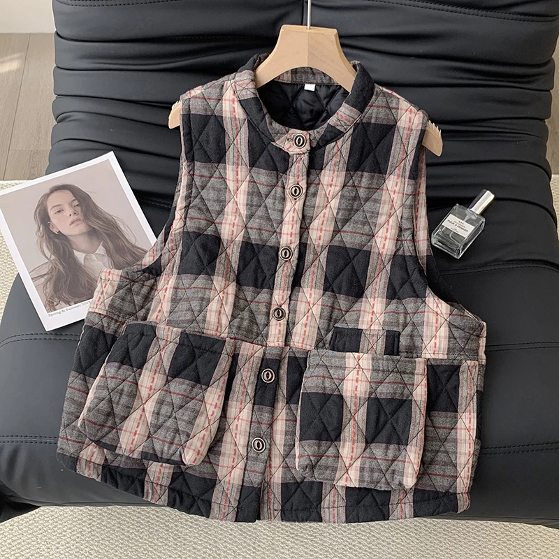 

Облегающий хлопковый жилет в клетку, женская верхняя одежда, легкое зимнее новое пальто с круглым вырезом на одной пуговице
