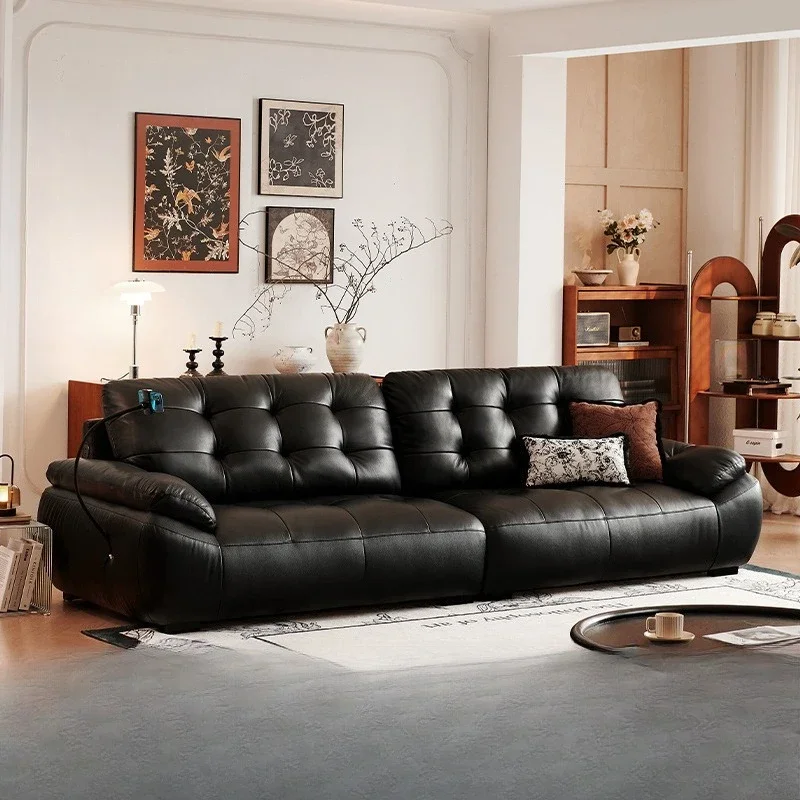 Italian minimalist, multi-functional living room first layer cowhide cloud leather sofa, black retro leather sofa