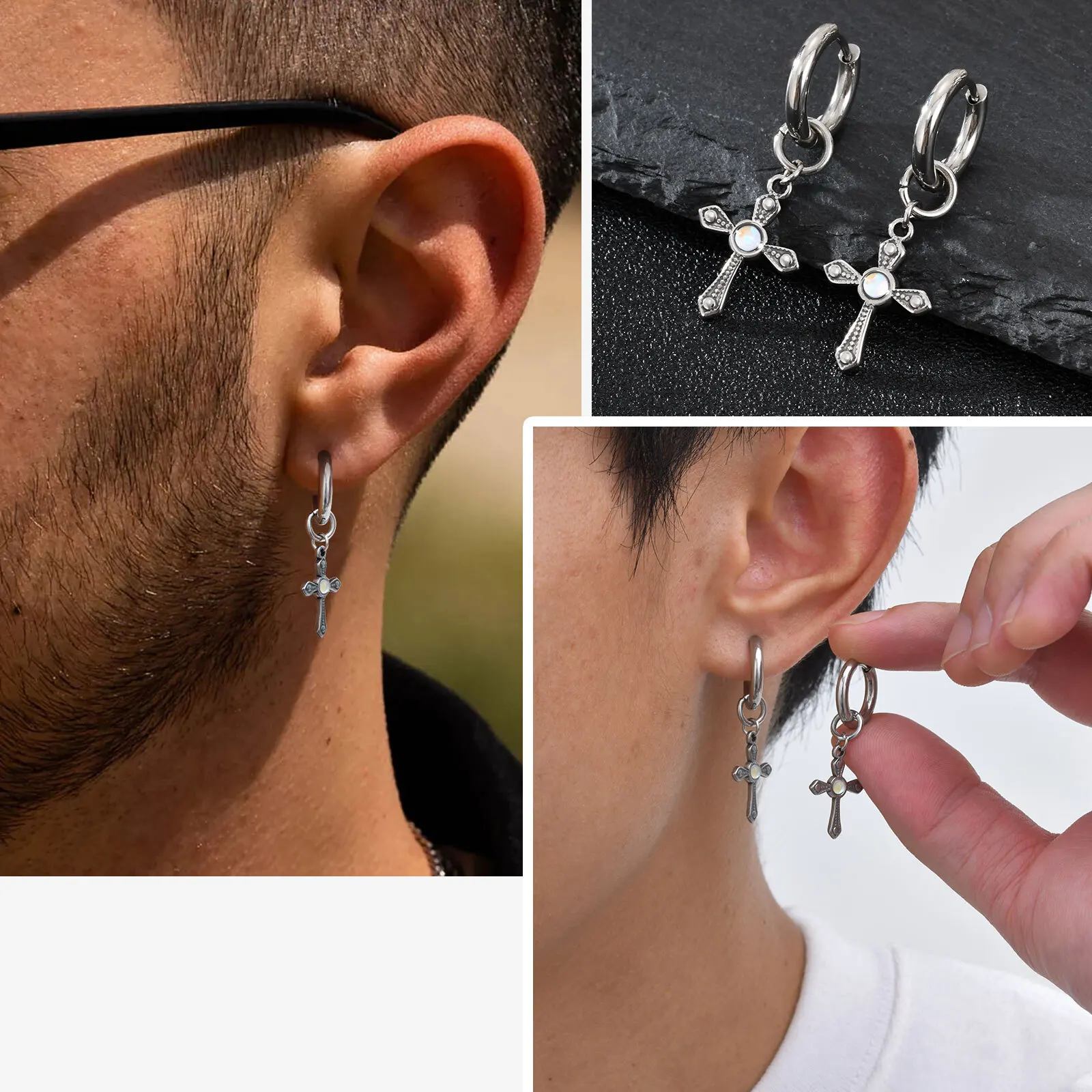 Vnox punk geométrico pingente brincos para homens mulheres, elegante cruz redonda grânulo cone pingente de aço inoxidável orelha gótico hiphop hoop